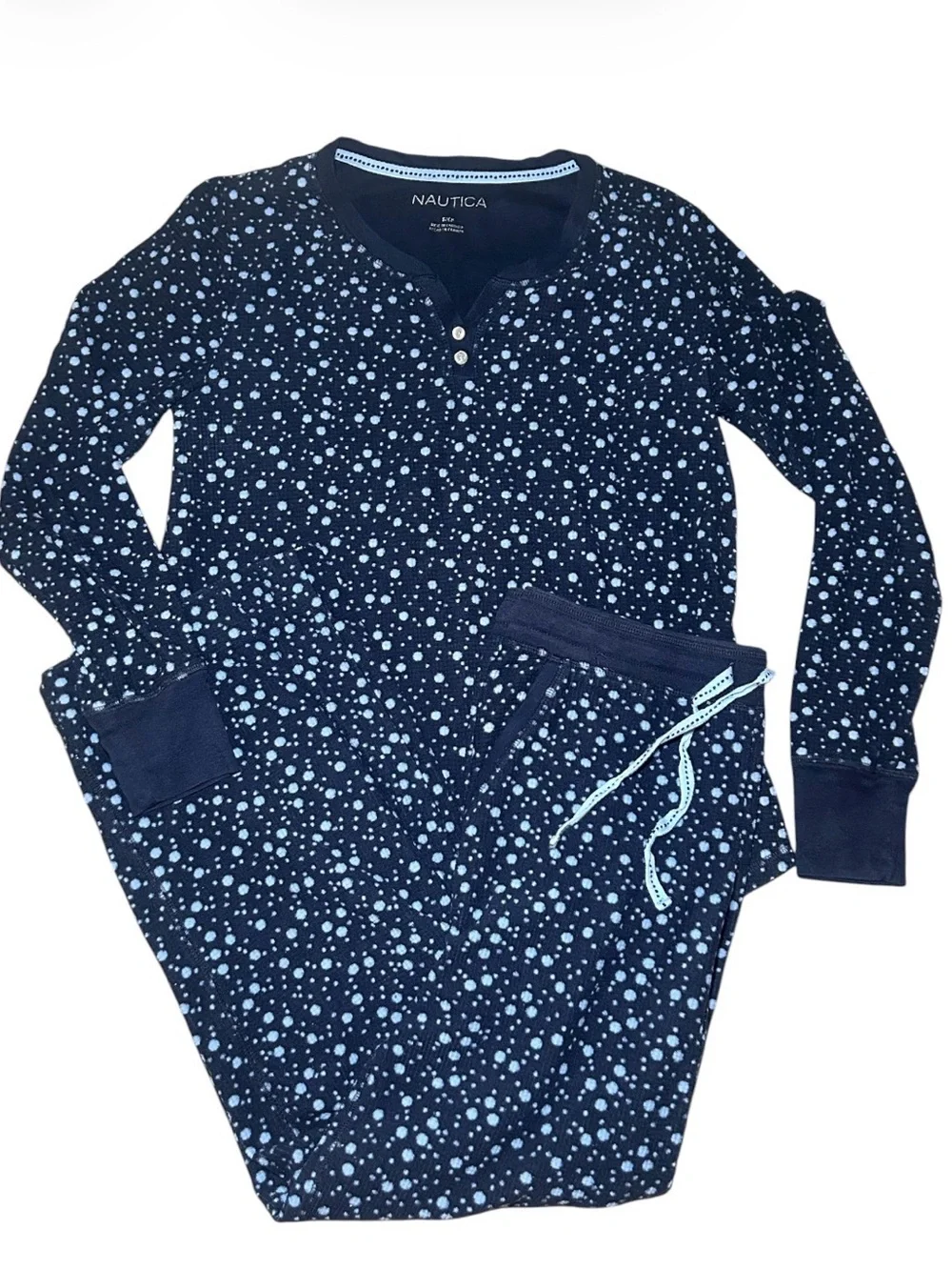 Nautica Womens Navy Blue Dot-Print Long Sleeve Pant Pajama Set Warm Cozy Relaxed